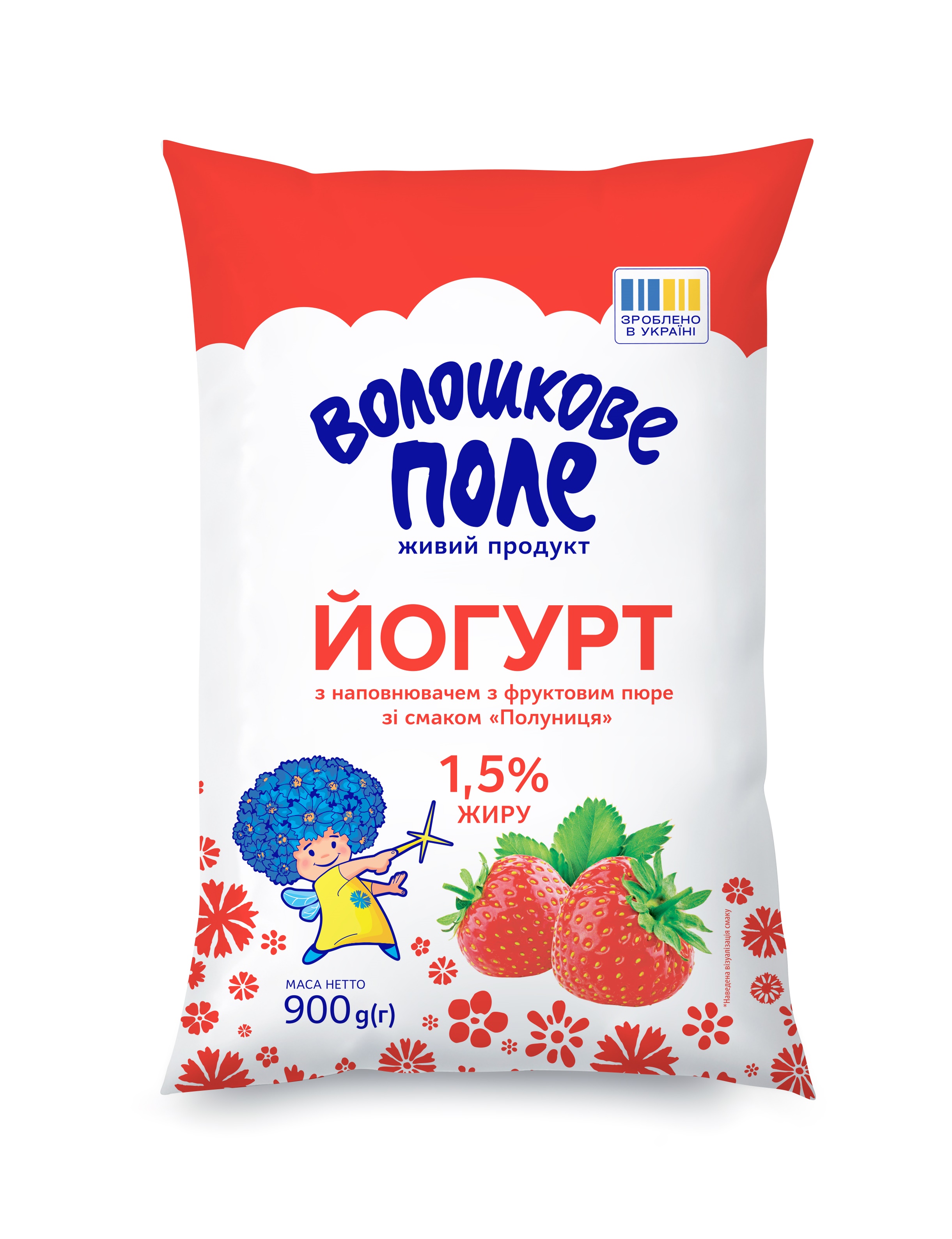 Йогурт ВОЛОШКОВЕ ПОЛЕ Полуниця 1,5% жиру 900гр плівка